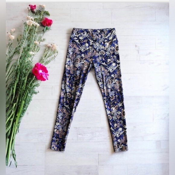 LuLaRoe OS Leggings Floral Purple Teal one size elastic waist - Picture 2 of 16